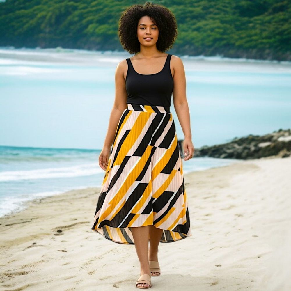 Lane Bryant Pleated Skirt 16 Plus Size‎ Midi High Low Geometric Print Pull On